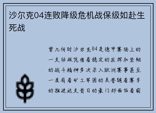沙尔克04连败降级危机战保级如赴生死战