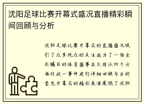 沈阳足球比赛开幕式盛况直播精彩瞬间回顾与分析